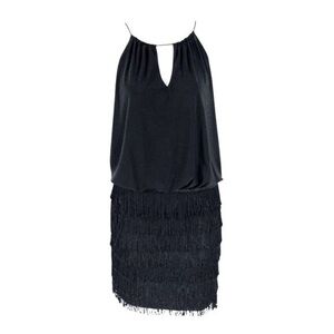 Cache black fringe tiered skirt blouson halter dress 4 D3
